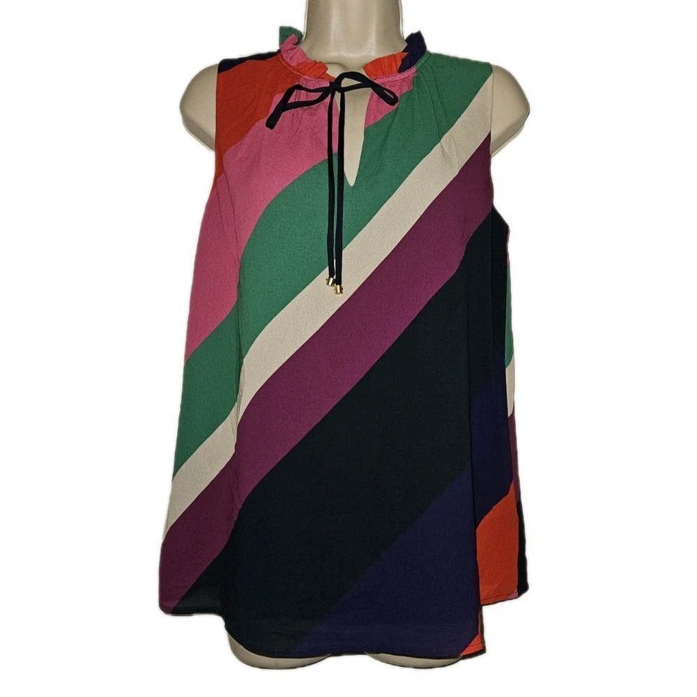 Trina Turk Demming Pitch Perfect Georgette Stripe Tie Neck Sleeveless Top Size S